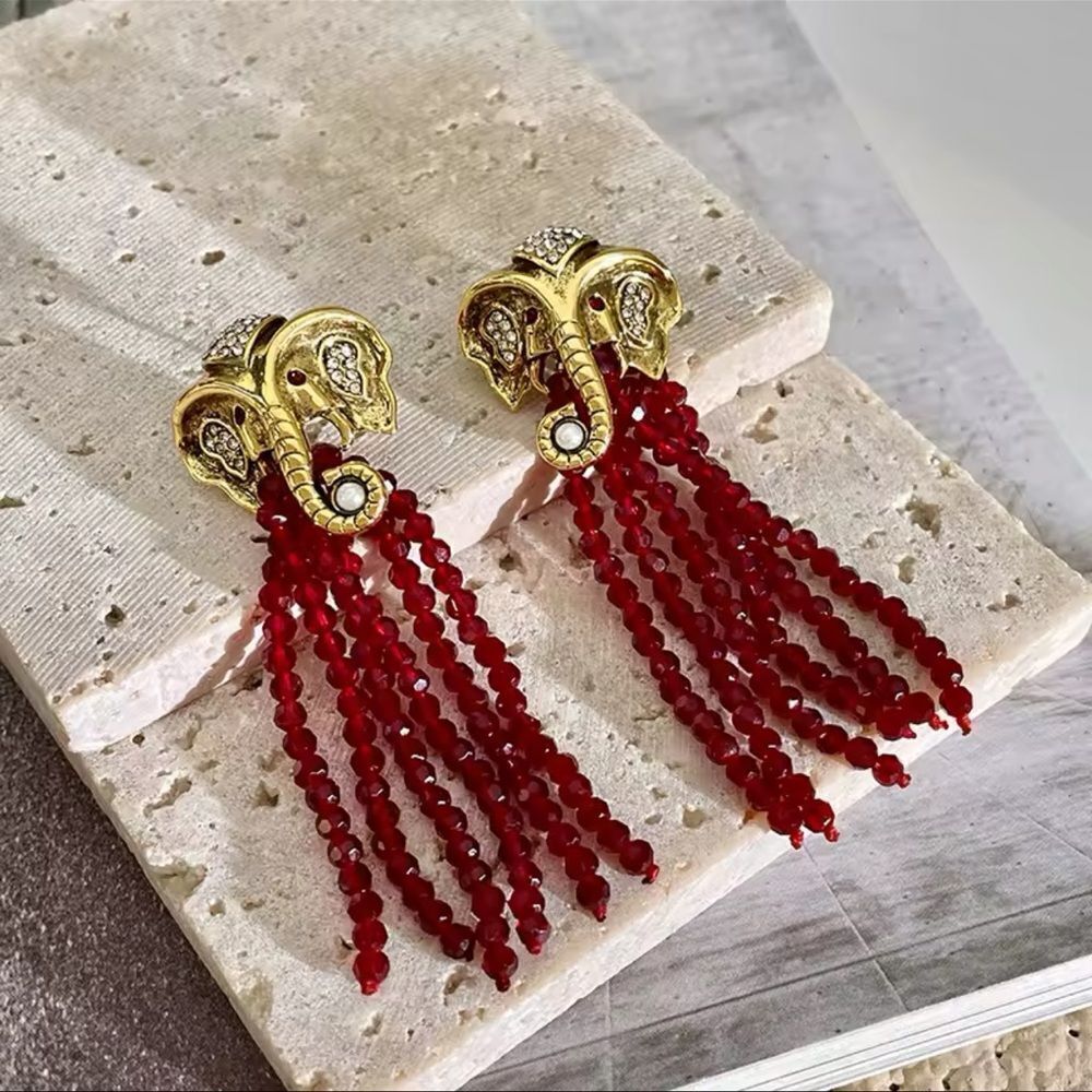 Gold Elephant Head Earrings with Red Bead Tassels